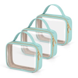 Wedama TSA Approved Toiletry Bag, 3 Pack Clear Makeup Bags with Handles, Quart Size PVC Clear Cosmetic Bags for Women and Men, Carry on Airport Airline Compliant Bag, Cyan Green