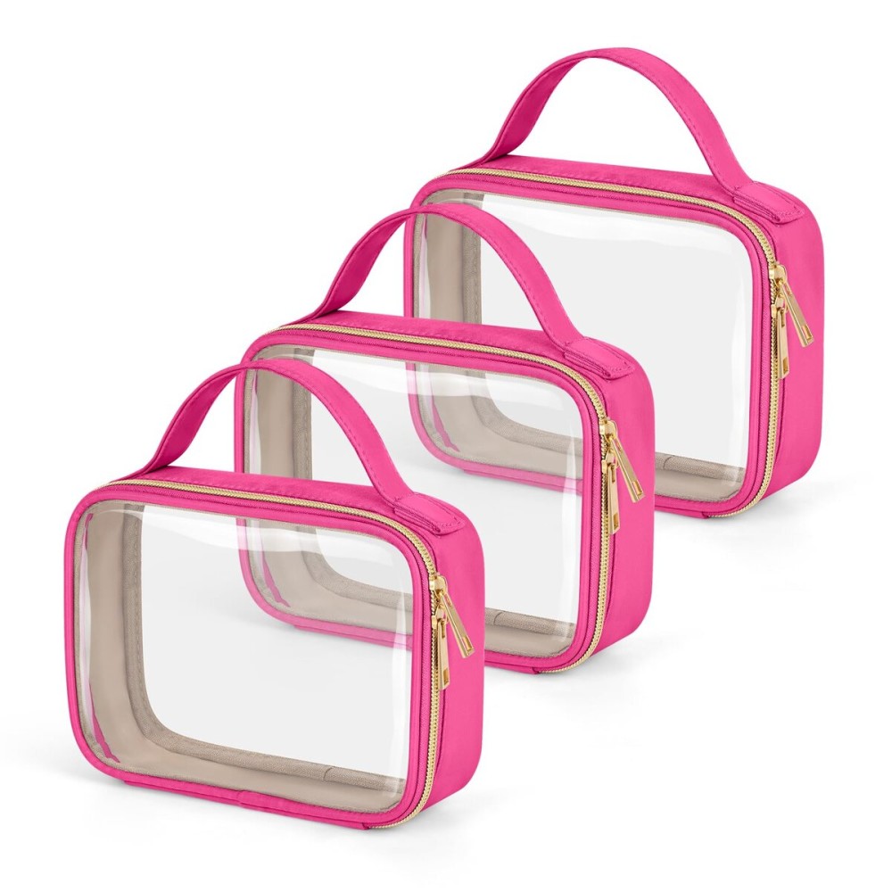 Wedama TSA Approved Toiletry Bag, 3 Pack Clear Makeup Bags with Handles, Quart Size PVC Clear Cosmetic Bags for Women and Men, Carry on Airport Airline Compliant Bag, Rose Red