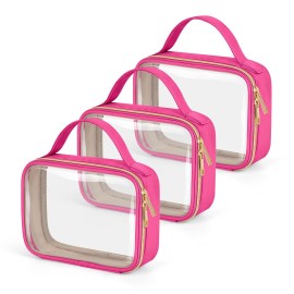 Wedama TSA Approved Toiletry Bag, 3 Pack Clear Makeup Bags with Handles, Quart Size PVC Clear Cosmetic Bags for Women and Men, Carry on Airport Airline Compliant Bag, Rose Red