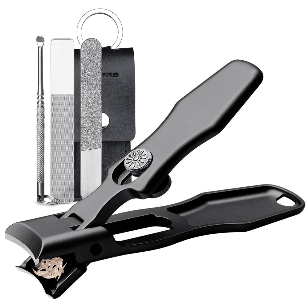 VOGARB Nail Clippers for Men & Seniors Thick Toenails and Fingernail - Wide Jaw Opening Portable Ultra Sharp Finger Nail Clippers with Catcher, Heavy Duty Stainless Steel, Black Set
