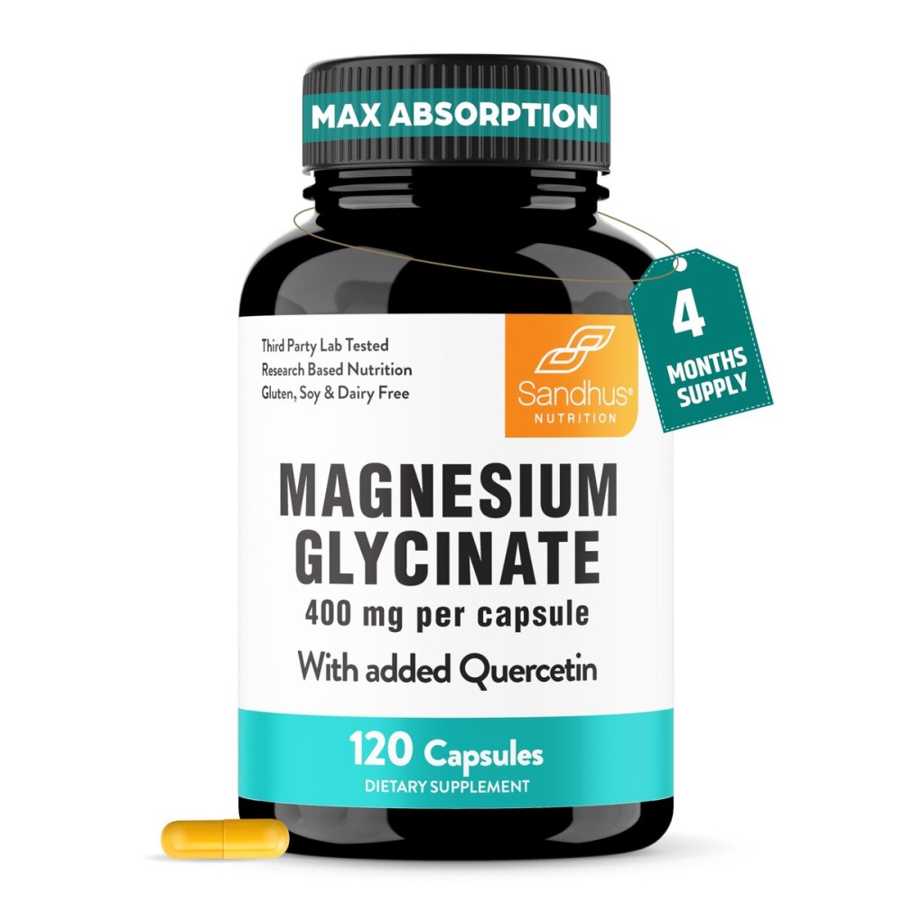 Magnesium Glycinate 400mg High Absorption Capsules with Quercetin | Quality Sleep, Relaxation & Muscle Health Supplement for Women and Men | Chelated Magnesium 120 Count (Pack of 1) | Easy to Swallow