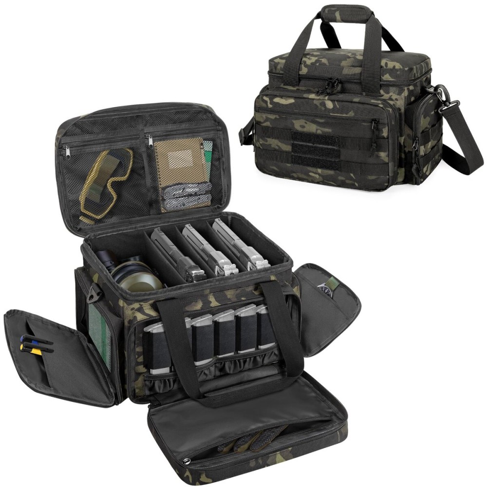 DSLEAF Tactical Gun Range Bag for 4 Handguns, Pistol Shooting Range Bag with 6X Magazine Slots and Extra Pockets for Ammo and Essentials