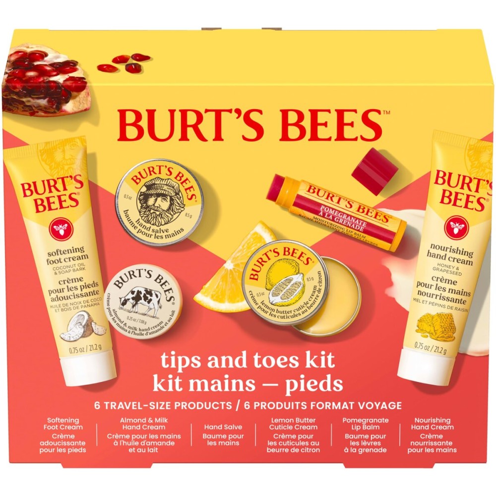 Burt\'s Bees Christmas Gifts - Tips and Toes Kit, 6 Travel Size Products for Stocking Stuffers - Pomegranate Moisturizing Lip Balm, 2 Hand Creams, Foot Cream, Cuticle Cream, and Hand Salve
