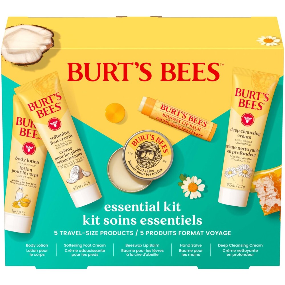 Burt\'s Bees Christmas Gifts - Essentials Everyday Set, 5 Travel Size Products for Stocking Stuffers - Deep Cleansing Cream, Hand Salve, Body Lotion, Foot Cream and Original Lip Balm