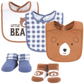 Hudson Baby Infant Boy Cotton Bib and Sock Set, Little Brown Bear, One Size