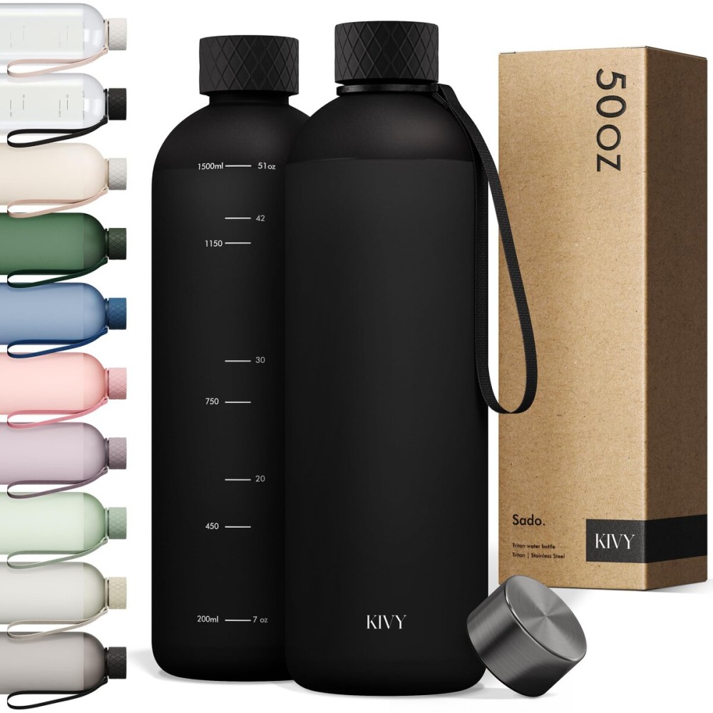 KIVY Large Water Bottle 50oz [Lightweight & Shatterproof] Fits Backpack & Cupholder for Travel, Sports, School - Black water bottle no straw - 1.5 Liter water bottles - 50oz Water bottle