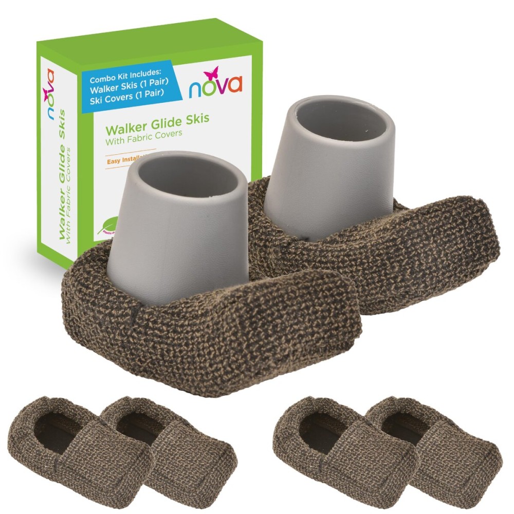 Nova Joy Walker Glide Skis for Seniors & Adults - Durable Covers for Walkers - Essential Sliders for Mobility-impaired Users - Indoor/Outdoor - Gray - 1 Pair with 3 Set of Fabric Covers