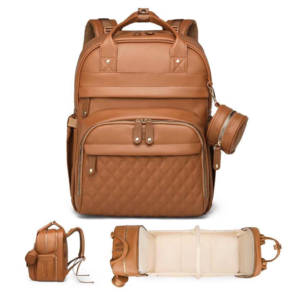 ANWTOTU Leather Baby Diaper Bag with Changing Station,Extra large Capacity Baby Diaper Bag Backpack(Brown)