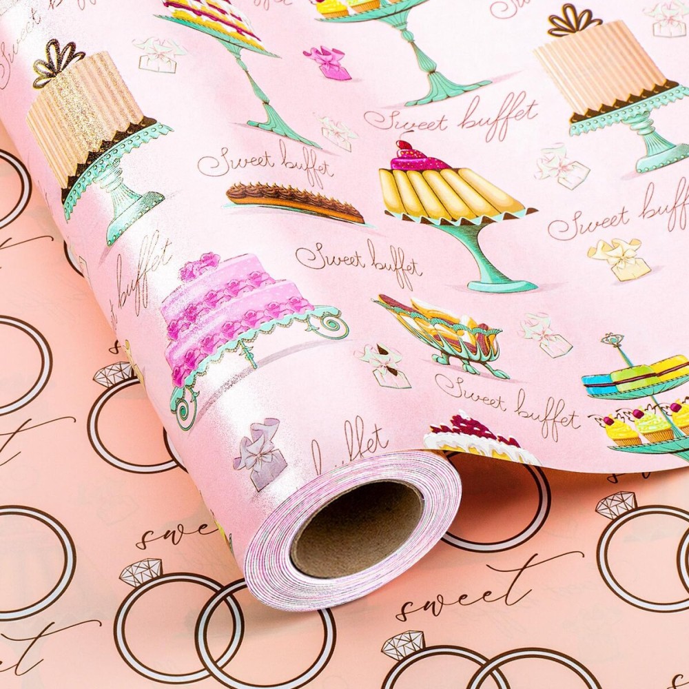 MAYPLUSS Wedding Wrapping Paper, Pink Gift Wrapping Paper, Blush Bridal Cakes Gift Wrap on Pink Pearl Paper, Reversible Diamond Ring Gift Wrap for Engagement, Birthday Celebration (17 Inch X 33 Feet)