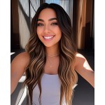 HMHIFI Long Brown Blonde Highlights Wigs for Women 26inch Wavy Curly Wig Natural Looking Middle Part Synthetic Heat Resistant Hair Replacement Wigs for Daily