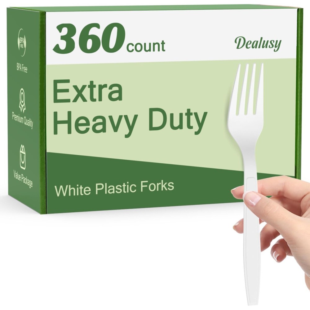Dealusy 360 Count Extra Heavy Duty White Plastic Forks Disposable, BPA-Free, Heat Resistant, Solid and Durable Disposable Forks Bulk, Premium Plastic Forks heavy duty for Party Supply