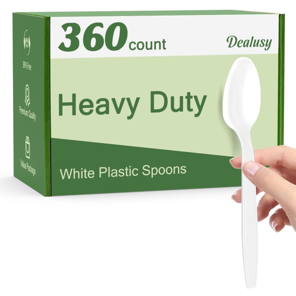 Dealusy 360 Count White Plastic Spoons Disposable, BPA-Free, Heat Resistant, Solid and Durable Disposable Spoons Heavy Duty Bulk, Premium Spoons plastic disposable for Party Supply