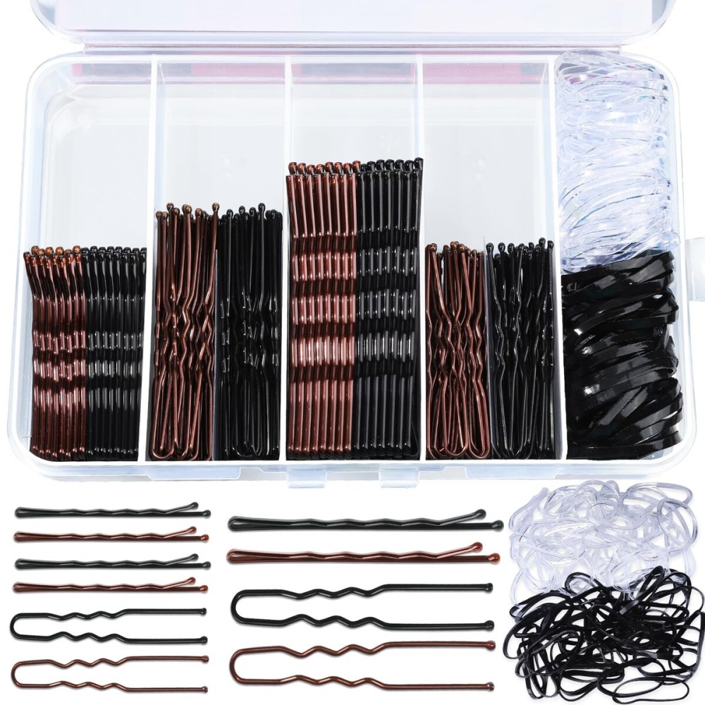 Teenitor 300pcs Bobby Pins Hair Pins, 100 Hair Pins 100 Bobby Pins Brown Hair Black for Women 100 Hair Bands 2inch 2.36inch 2.75inch Brown Black