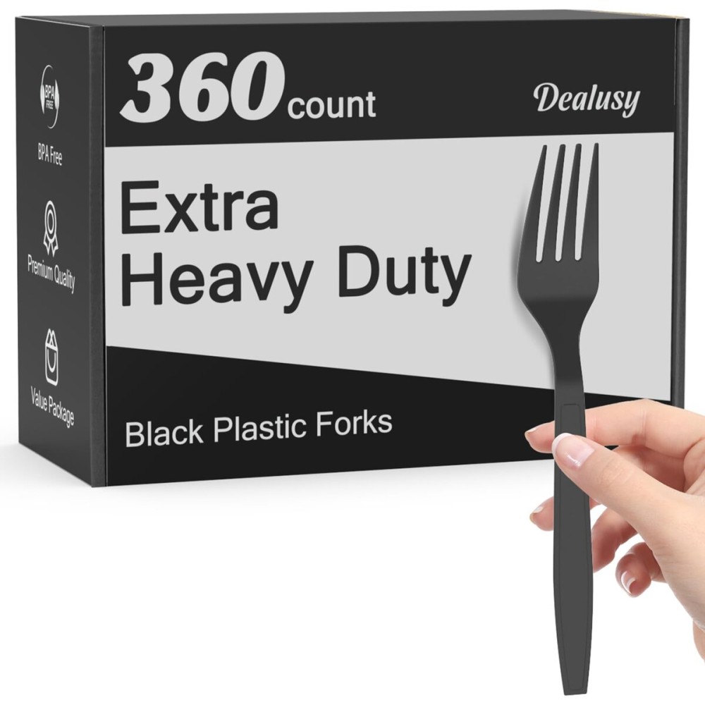 Dealusy 360 Count Extra Heavy Duty Black Plastic Forks Disposable, BPA-Free, Heat Resistant, Solid and Durable Disposable Forks Bulk, Premium Plastic Forks heavy duty for Party Supply