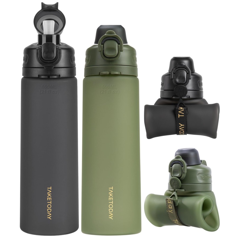 TakeToday Collapsible Water Bottles 21oz 2 Pack, Leak Proof, BPA-Free, Foldable Silicone Travel Water Bottle with Straw Strap for Traveling, Outdoor (Black&Jungle)