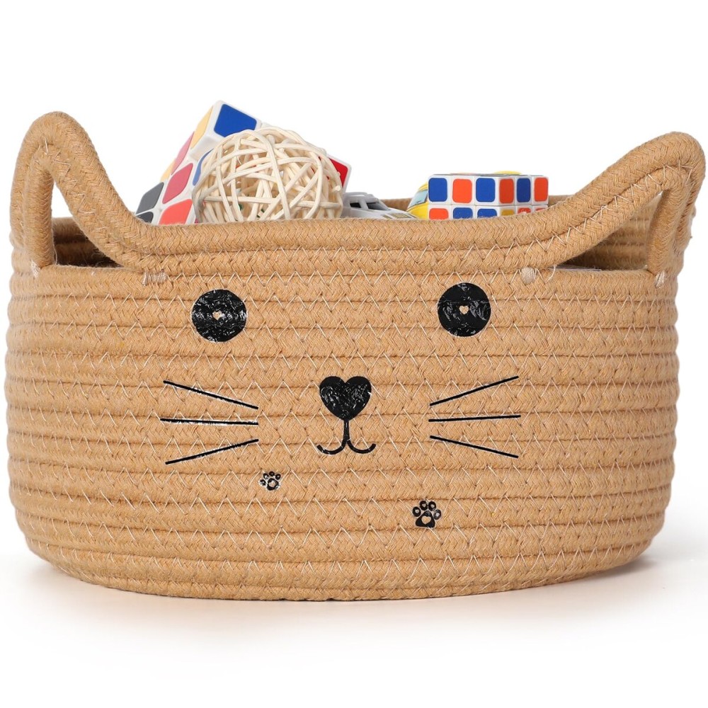 Zopeal Cat Basket Storage Woven Organizer with Ears Christmas Decorative Pet Toy Cute Cotton Rope Basket for Gift Cat Dog Toy Bin Nursery Room(13.7 x 7.8 Inch,Khaki)