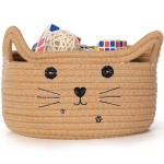 Zopeal Cat Basket Storage Woven Organizer with Ears Christmas Decorative Pet Toy Cute Cotton Rope Basket for Gift Cat Dog Toy Bin Nursery Room(13.7 x 7.8 Inch,Khaki)