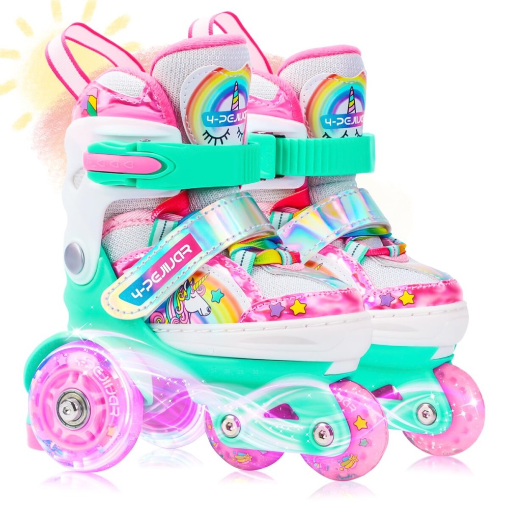 4-Pejiijar Rainbow Unicorn Kids Roller Skates for Girls Toddler Ages 2-4 5-8,Adjustable Roller Shoes with Luminous Wheels for Birthday Xmas Gifts