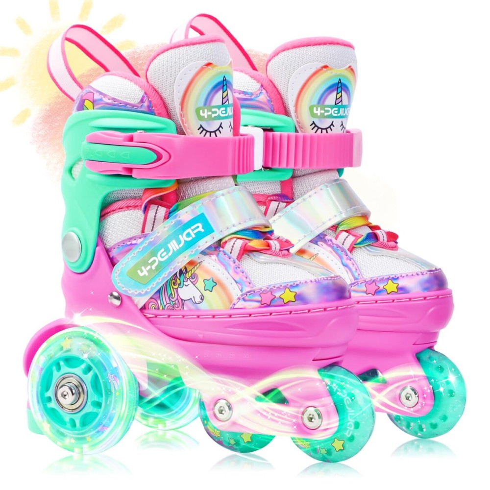 4-Pejiijar Rainbow Unicorn Kids Roller Skates for Girls Toddler Ages 2-4 5-8,Adjustable Roller Shoes with Luminous Wheels for Birthday Xmas Gifts