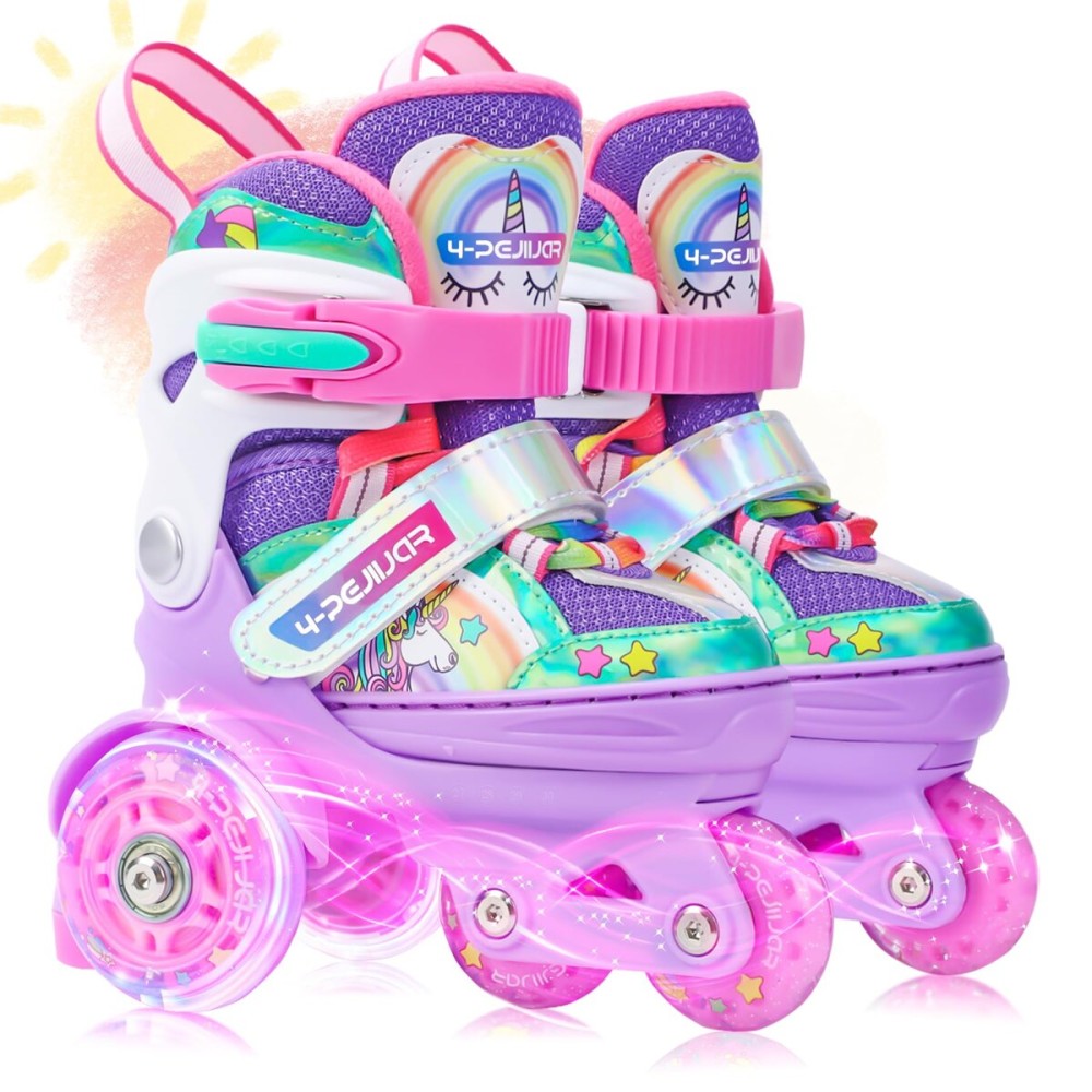 4-Pejiijar Rainbow Unicorn Kids Roller Skates for Girls Toddler Ages 2-4 5-8,Adjustable Roller Shoes with Luminous Wheels for Birthday Xmas Gifts