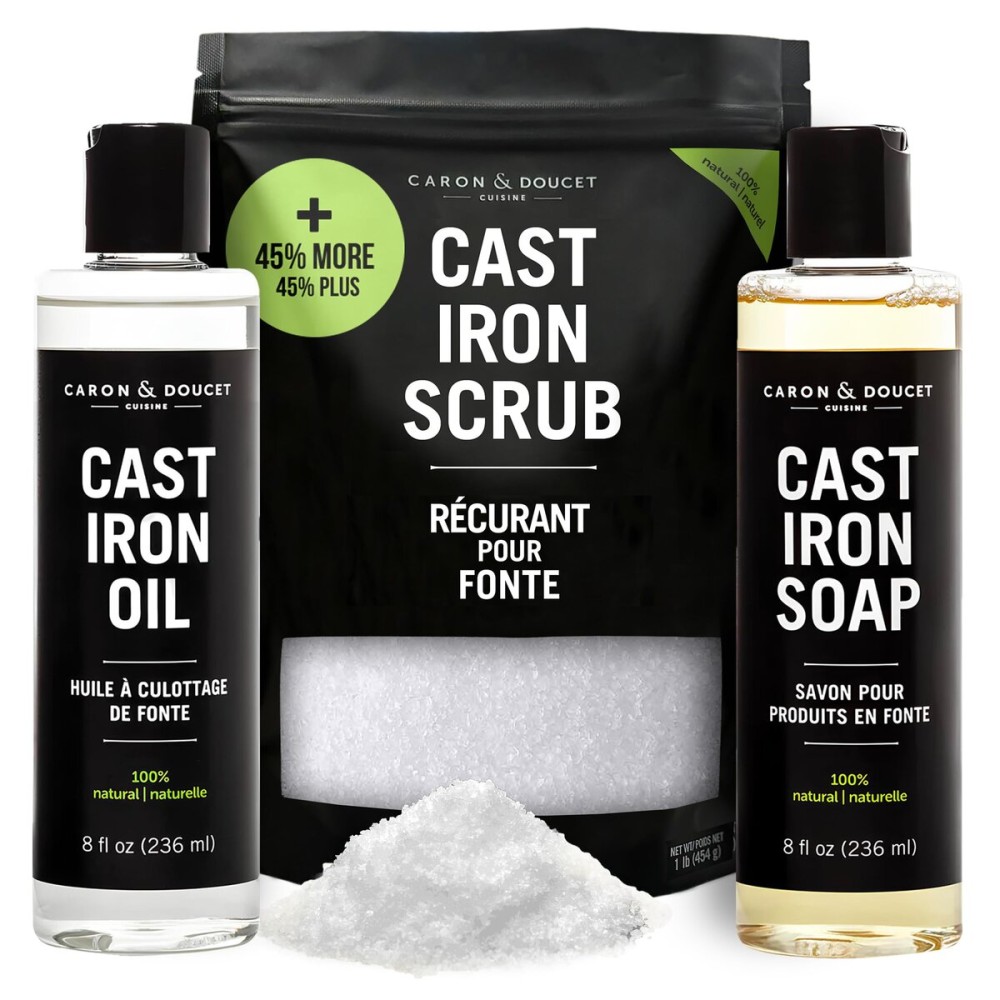CARON & DOUCET - New Ultimate Cast Iron Set: Seasoning Oil, Cleaning Soap & Restoring Scrub | 100% Plant-Based & Best for Cleaning Care, Washing, Restoring & Seasoning Skillets, Pans & Grills!