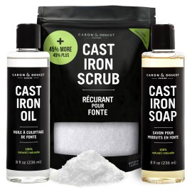 CARON & DOUCET - New Ultimate Cast Iron Set: Seasoning Oil, Cleaning Soap & Restoring Scrub | 100% Plant-Based & Best for Cleaning Care, Washing, Restoring & Seasoning Skillets, Pans & Grills!