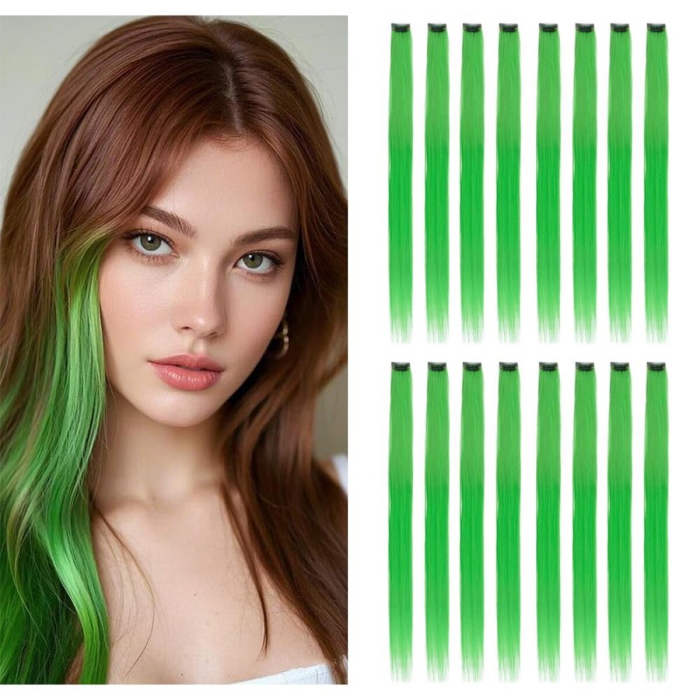 KGBFASS 20 inch Green Clip in on Hair Extensions Colored Hair Accessories Party Highlights Long Straight Synthetic Hairpieces for Women 16 PCS(Green)