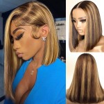 Qangelabeauty 4/27 Ombre Highlight Bob Wig Human Hair 10 inch straight 427 bob wig 13x4 Highlight HD Lace Frontal Bob Wig Human Hair 180% Density Pre Plucked Ombre Short Bob Wigs for Black Women