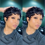 QiaQiaRing Pixie Cut Wigs for Black Women Brazilian Virgin Curly Wave Human Hair Glueless Short Layered Pixie Cut Curly Wigs With Bangs Natural Black Color for Daily Use