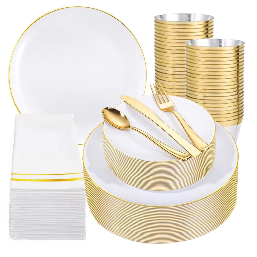 Festiva 350Pcs Gold Plastic Plates - White and Gold Dinnerware Set Disposable include 10 & 7 Plates,Cups,Silverware,Napkins -serve 50 Guests Perfect for Wedding& Chritmas & Party