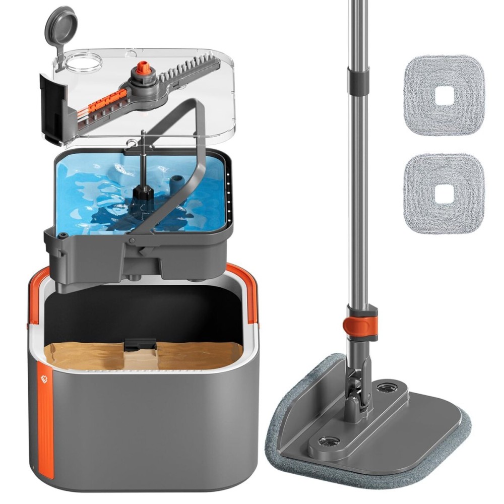 Upgraded Spin Mop and Bucket System Set, Self Separate Clean and Dirty Water, Foldable Square Standing Mop Head with Microfiber Mop Pads, Detachable Bucket (Grey+Orange, Mop Set with 2PC Pads)