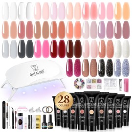 ROSALIND 28 Colors Poly Nail Gel Kit with Mini U V/LED Lamp White Nude Poly Nails Gel Kit Starter Kits With Slip Solution Pink Extensions Set for Nail Manicure Beginner