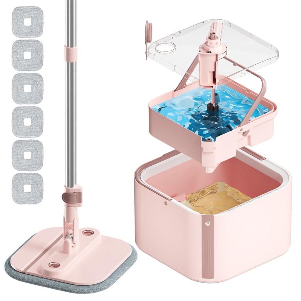 Upgraded Spin Mop and Bucket System Set, Self Separate Clean and Dirty Water, Foldable Square Standing Mop Head with Microfiber Mop Pads, Detachable Bucket (Pink, Mop Set with 6PC Pads)