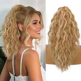 ORSUNCER Ponytail Extension Claw 18 Curly Pony Tail Clip in Claw Hair Extensions Fluffy Natural Looking Synthetic Hairpiece for Women Medium Blonde Highlights