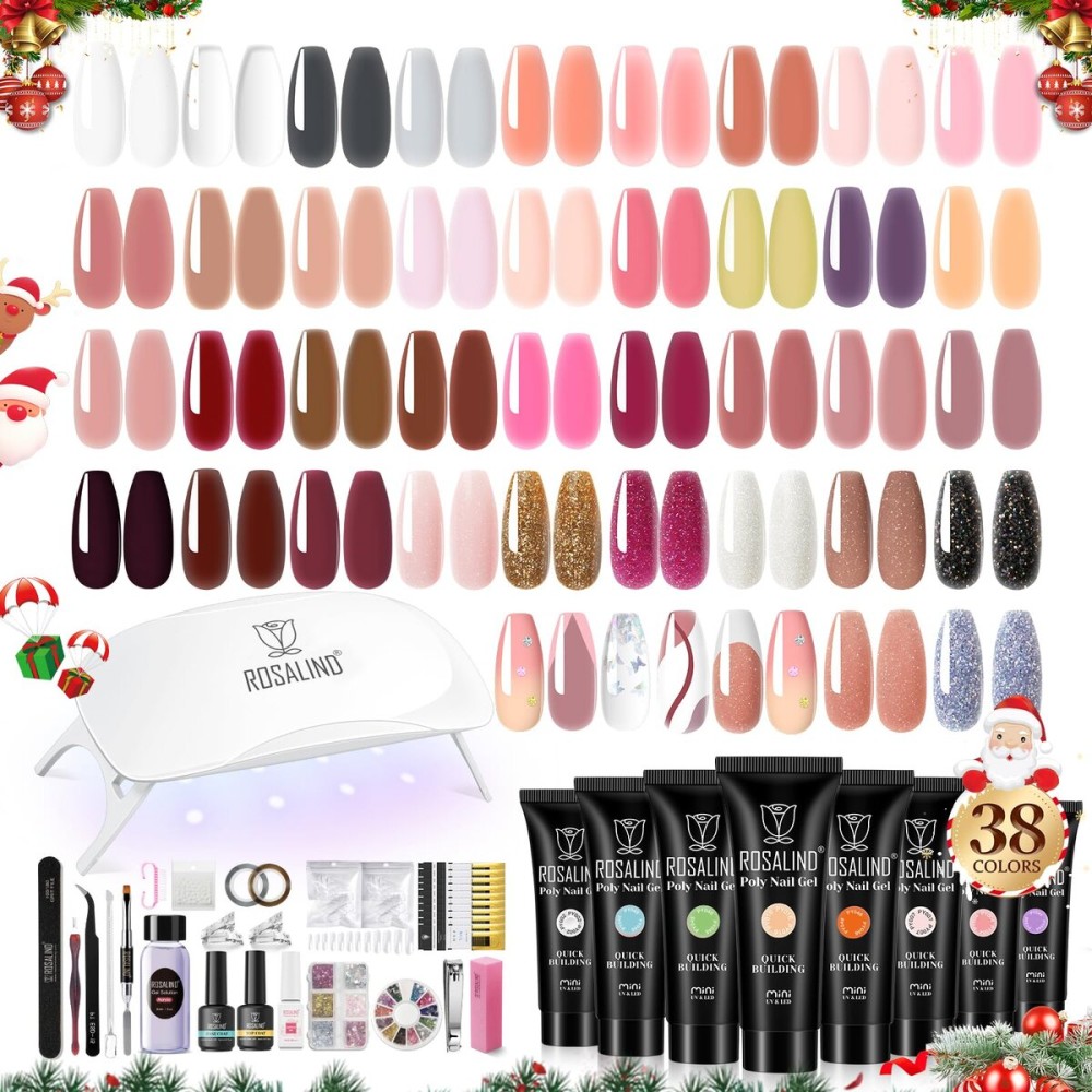 ROSALIND Poly Nail Gel Kit -38 Classic Colors +72 Nail Art Accessories kit Clear Nude Christmas Poly Nails Gel Kit Starter Kit with Mini UV Lamp Slip Solution Basic Tools for Beginners with Everything