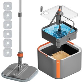 Upgraded Spin Mop and Bucket System Set, Self Separate Clean and Dirty Water, Foldable Square Standing Mop Head with Microfiber Mop Pads, Detachable Bucket (Grey+Orange, Mop Set with 6PC Pads)