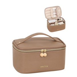 Prite Makeup Bag Portable Cosmetic Organizer with Brush Holder Waterproof Travel Toiletry Bag for Women with Handle and Divider (Brown)