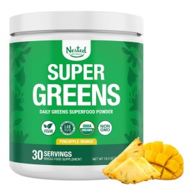 Nested Naturals Super Greens Daily Superfood Powder - Certified USDA Organic Green Powder w/Whole Foods, Spirulina, Wheat & Barley Grass - Probiotics, Fiber & Enzymes - Pineapple Mango, 30 Servings