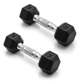 CAP Barbell 5 LB Rubber Coated Hex Dumbbell Hand Weight - Pair | Chrome Handle