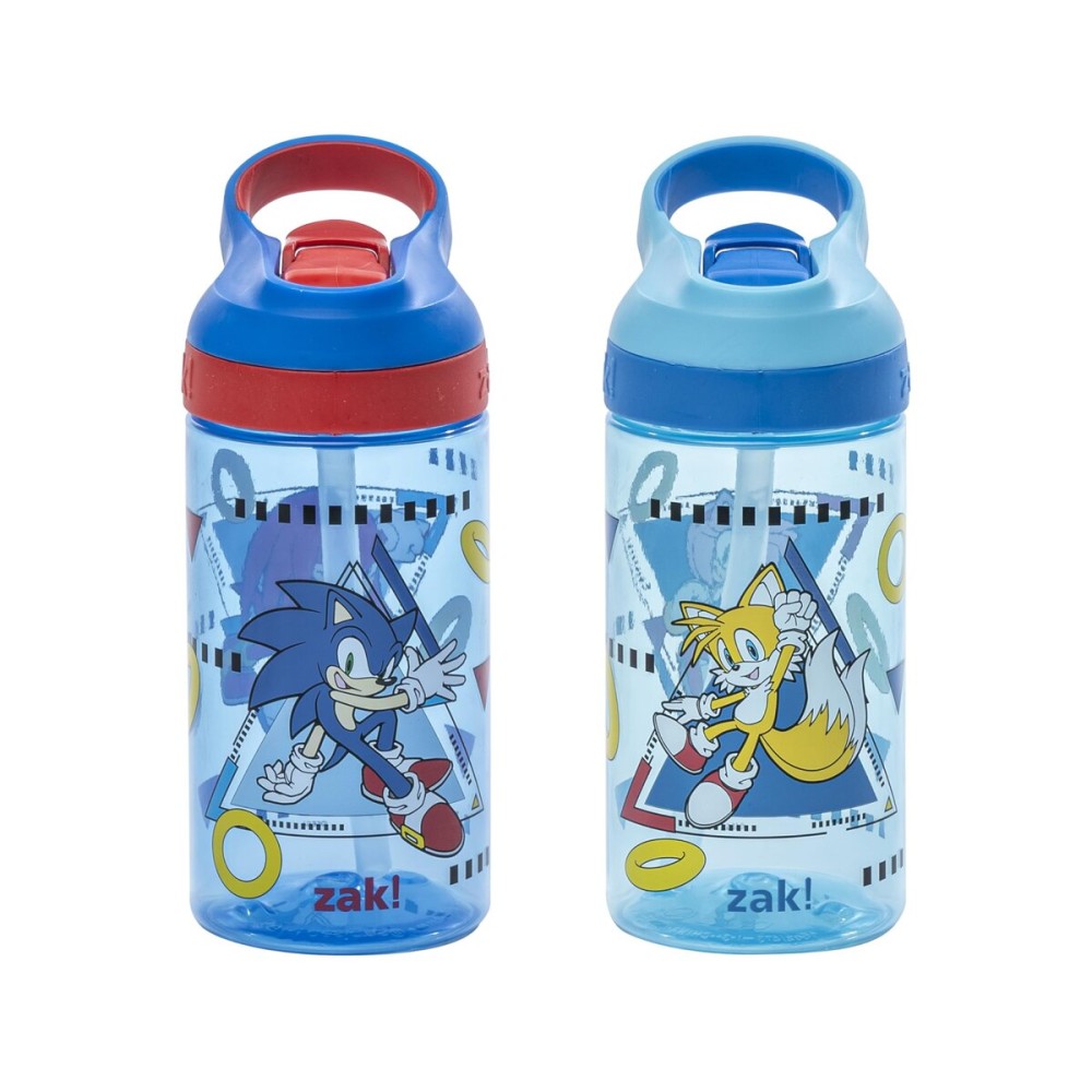 Zak Designs Sonic the Hedgehog Atlantic Kids Water Bottle For School or Travel, 16oz Durable Plastic Water Bottle With Straw, Handle, and Leak-Proof Spout Cover, 2-Pack (Sonic, Knuckles, Tails, Amy)