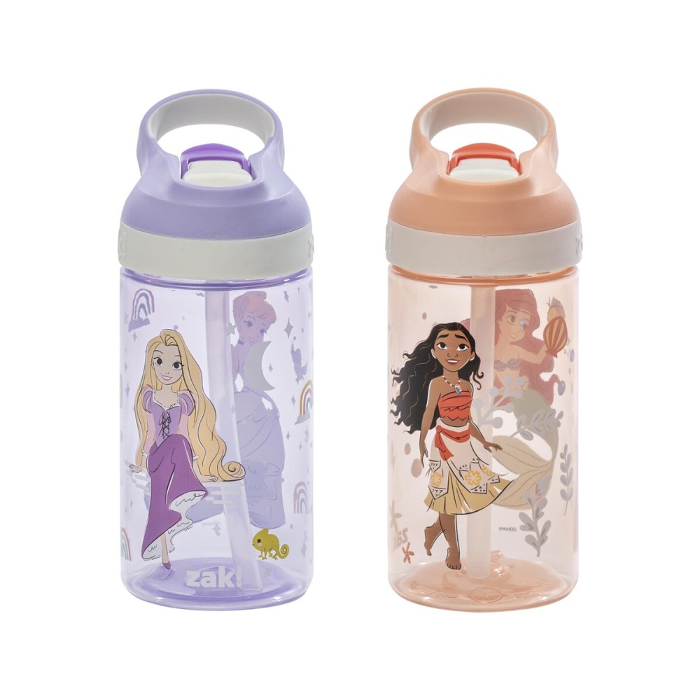 Zak Designs Disney Princess Atlantic Kids Water Bottle For School or Travel, 16oz Durable Plastic Water Bottle With Straw, Handle, Leak-Proof Spout Cover, 2-Pack (Ariel, Cinderella, Moana, Rapunzel)
