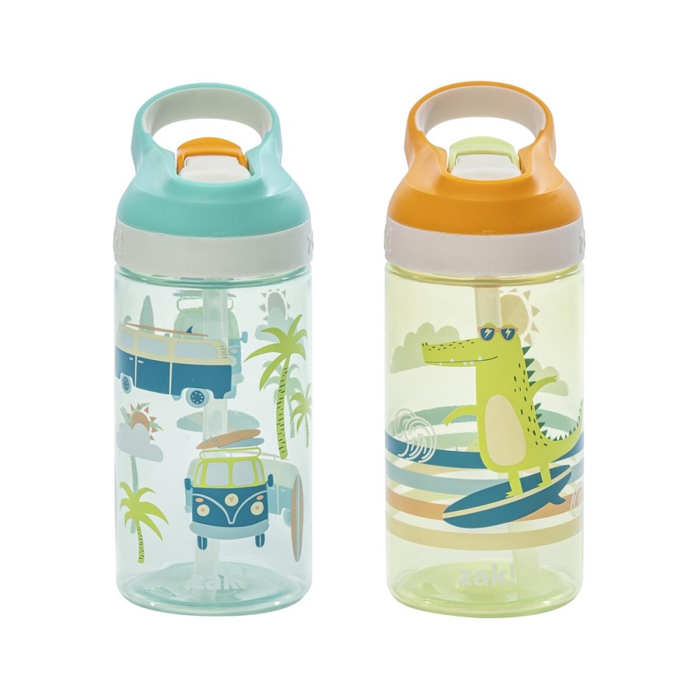 Zak Designs Atlantic Kids Water Bottle For School or Travel, 16oz Durable Plastic Water Bottle With Straw, Handle, and Leak-Proof, Pop-Up Spout Cover, 2-Pack (Surf Boards and Palm Trees)