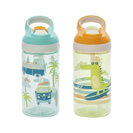 Zak Designs Atlantic Kids Water Bottle For School or Travel, 16oz Durable Plastic Water Bottle With Straw, Handle, and Leak-Proof, Pop-Up Spout Cover, 2-Pack (Surf Boards and Palm Trees)