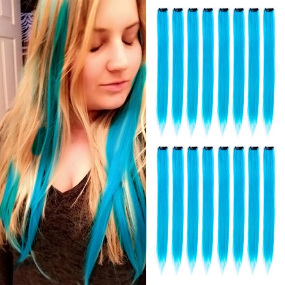 KGBFASS 16Pcs Light Blue Clip in Hair Extensions Straight Synthetic Highlights Colored Party Hairpieces for Women Festival Daily Outfits Used 20 inch(Light Blue)