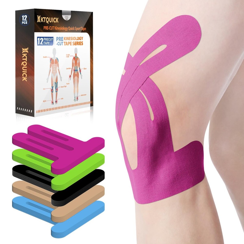PreCut Kinesiology Tape for Knees, 12 PCS Waterproof KTQUICK Knee Tape for Knee Pain Relief Pre Cut, Original Cotton Athletic Knee Tape, Waterproof & Hypoallergenic Latex-Free for Sports (Pink)