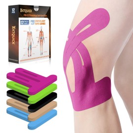 PreCut Kinesiology Tape for Knees, 12 PCS Waterproof KTQUICK Knee Tape for Knee Pain Relief Pre Cut, Original Cotton Athletic Knee Tape, Waterproof & Hypoallergenic Latex-Free for Sports (Pink)