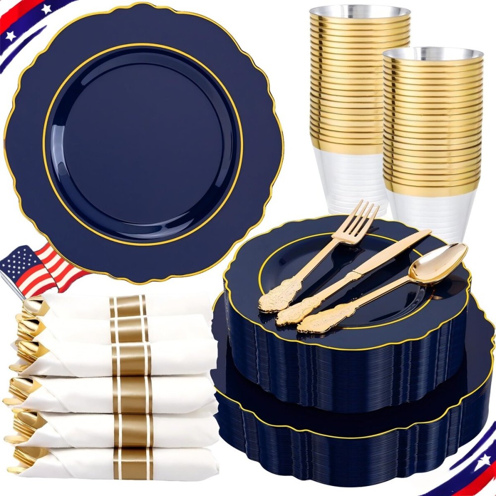 Liacere 350PCS Green Plastic Plates - Dark Green Disposable Plates With Gold Rim - 50Guest Baroque Plastic Dinnerware include 100Plates-50Pcs Pre Rolled Napkins with Silverware 50Cups for Christmas