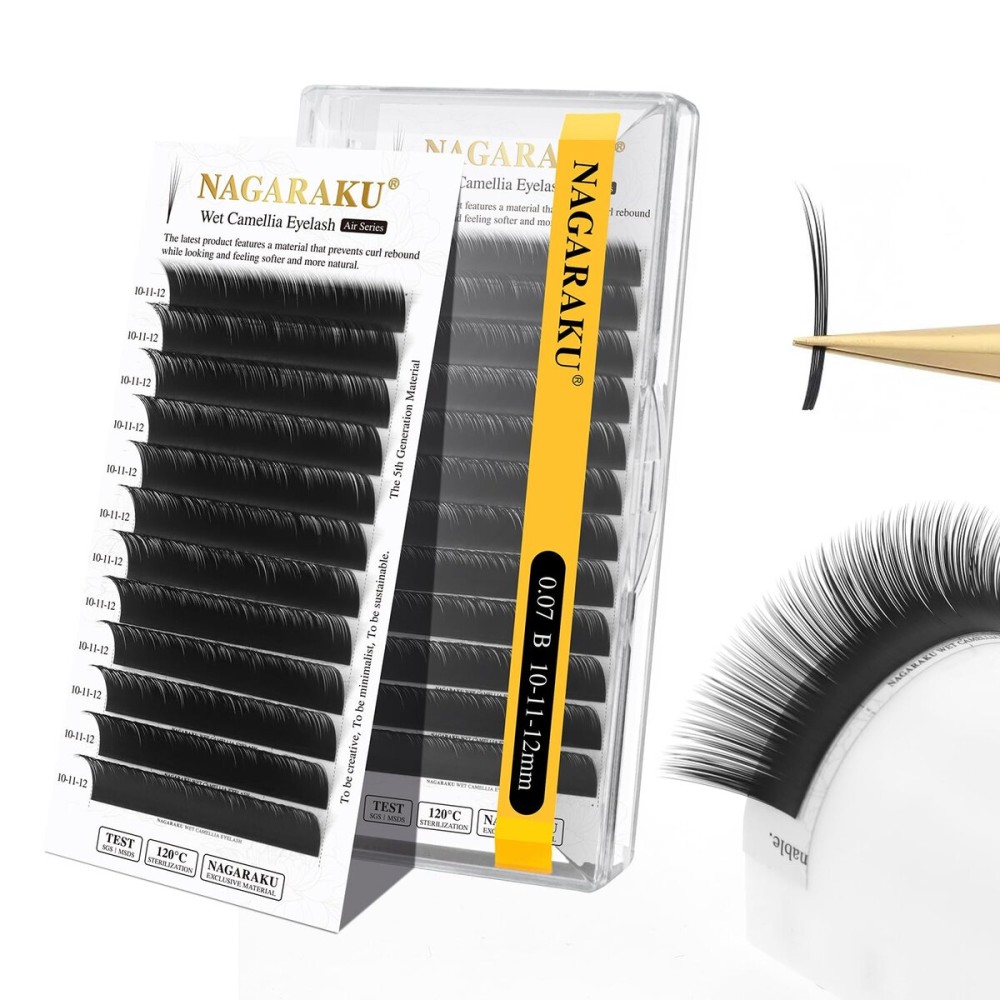 NAGARAKU Wet Camellia Eyelash Extension, Individual Lashes 3 Multi-length Fans Premium Matte Black Natural Pre-Glued Classic Lash Extensions Mega Volume Beauty Salon Supplies - 0.07B 10-11-12