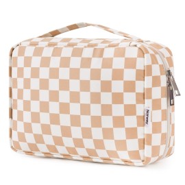 Narwey Small Hanging Travel Toiletry Bag for Women, Travel Bag for Toiletries, Checkered Makeup Bag Organizer Cosmetic Bags Make Up Bags for Girls (Brown Checkerboard)