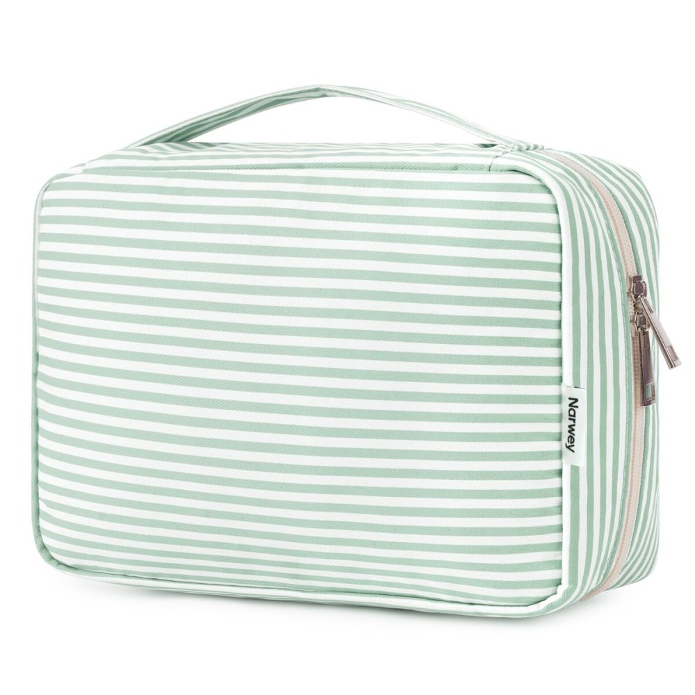 Narwey Small Hanging Travel Toiletry Bag for Women, Travel Bag for Toiletries, Makeup Bag Organizer Cosmetic Bags Make Up Bags for Girls (Mint Green Stripe)